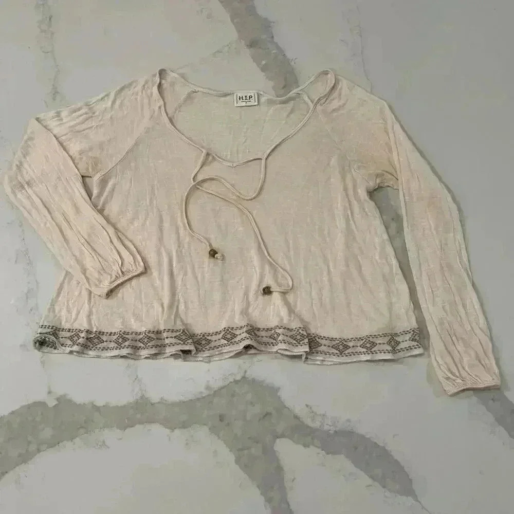 H.I.P. Ivory Boho Long Sleeve Cottagecore Flowy Peasant Top Women’s Size Small